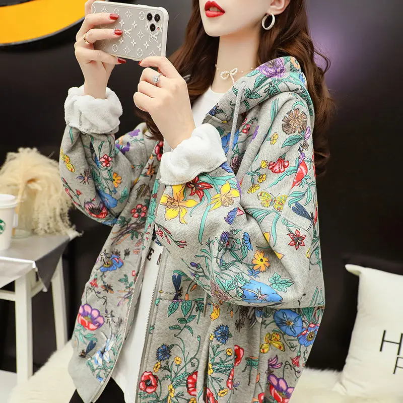 Winter Casual Retro Fleece Mid-length Women Hoody Sweatshirt Print Harajuku Beautiful Dragonfly Morning Glory Pullover Female