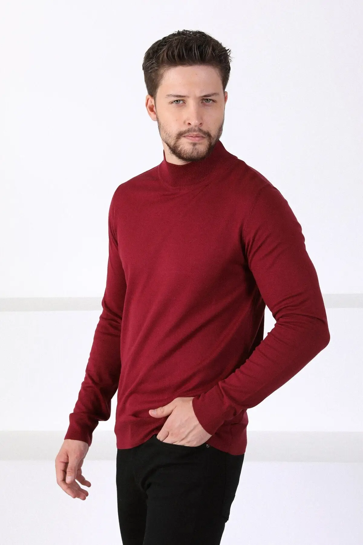 Pull en tricot bordeaux pour homme, demi-poisson, col Suffolk