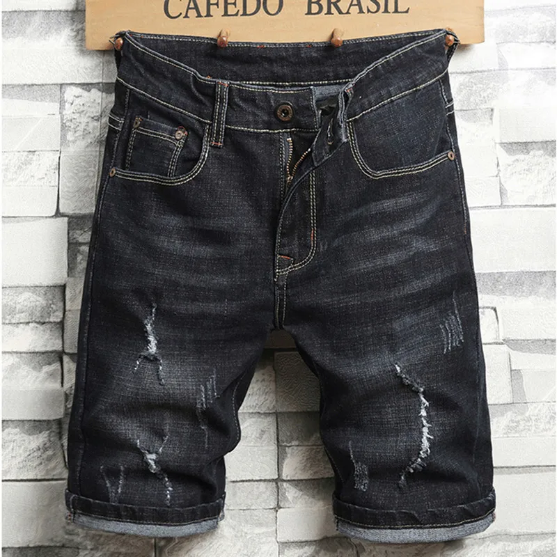 EL BARCO Summer Cotton Casual Men Shorts Pants Soft Scratches Black Blue Male Denim Jeans Ripped Holes Slim Knee-Length Trousers