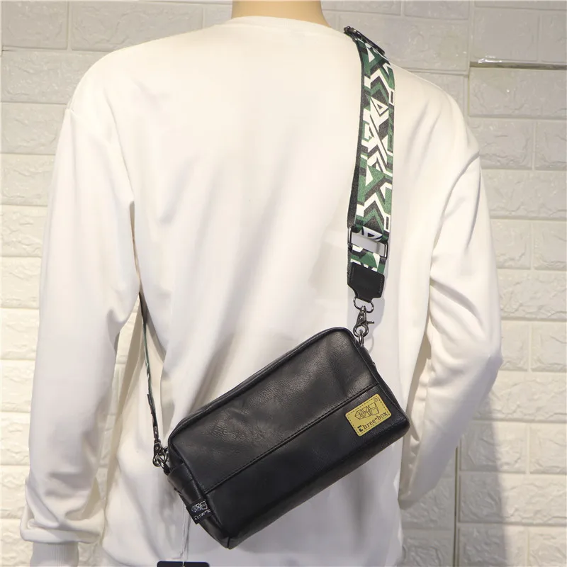 Casual Men Crossbody Bag Phone Pocket ribbon Messenger Bag Leather Shoulder Handbag Simple Design Male Small Black Sling Bags