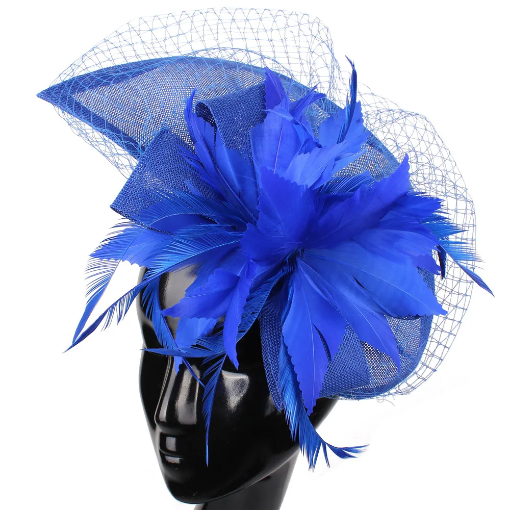 

Royal Blue Bride Mesh Fascinator Hats Fancy Feather Flower Headwear Cocktail Race Hair Accessories Wedding Headpiece Headbands