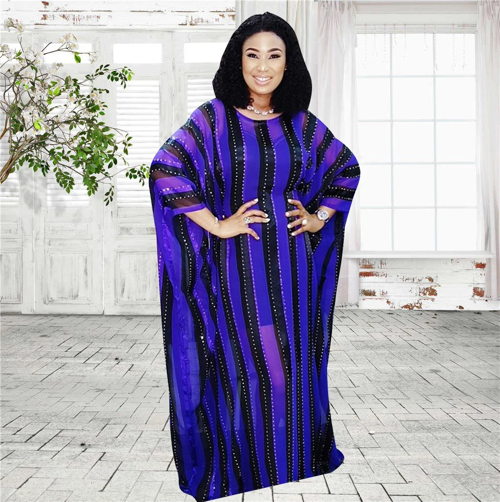 

Fashion 2021 Stripe Print Batwing Sleeve Dress African O Neck Ladies Casual Boho Maxi Fall Autumn Women Long Dresses