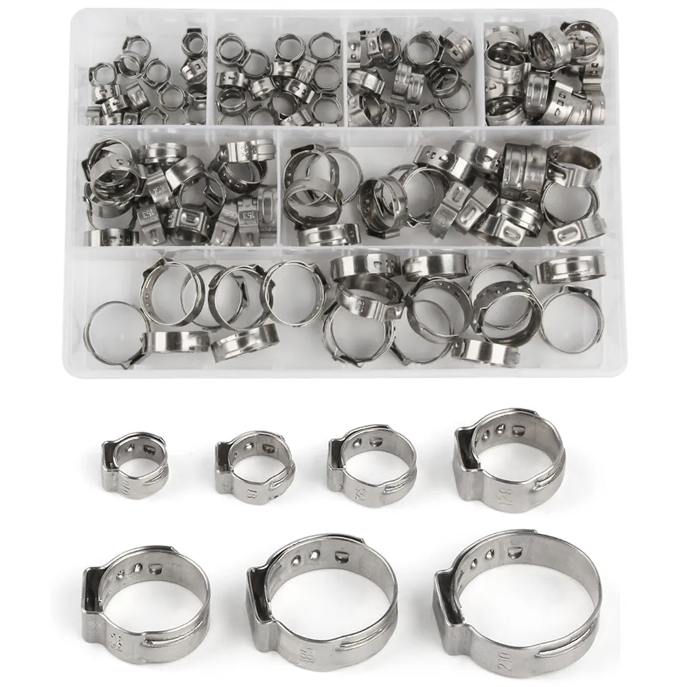 140PCS 304 Stainless Steel 5.8-21mm Single Ear Hose Clamps Assortment Kit