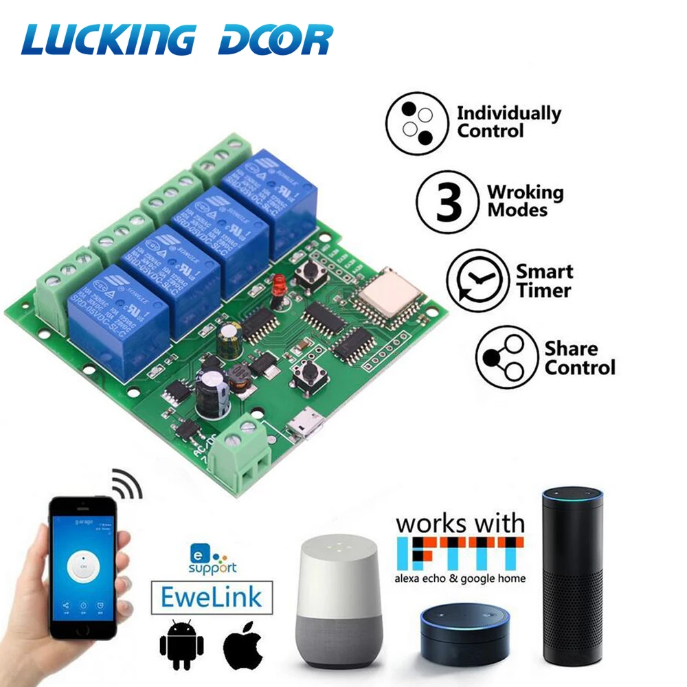 4-Way Relay Remote Control Wireless WiFi Switch Ewelink App Smart Switch Modul Self-Locking Interlock Remote Access Control Kits