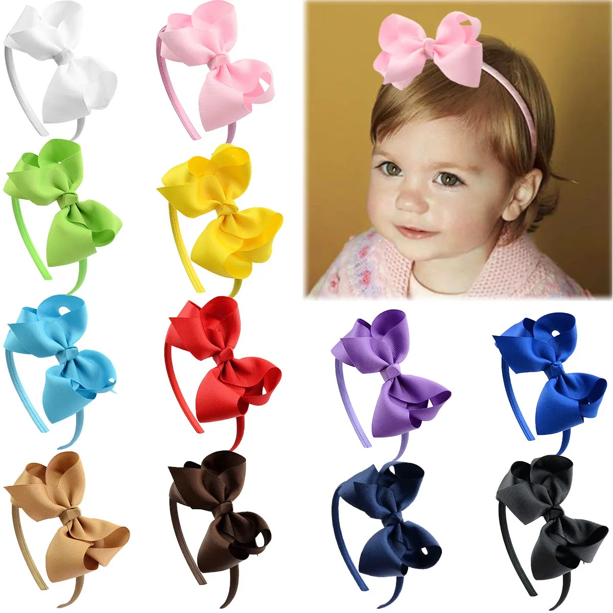 

6Pack Hair Bows Plastic Hair Headband Grosgrain Ribbon Headbands Hair Hoops Hair Accessories for Baby Girls Kid