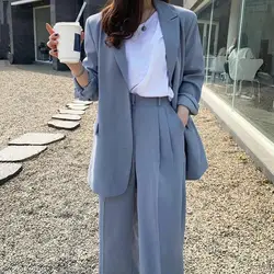 Primavera outono feminino azul conjunto de duas peças blazers + em linha reta cintura alta esfregando calças senhoras do escritório chique coreano moda pant ternos