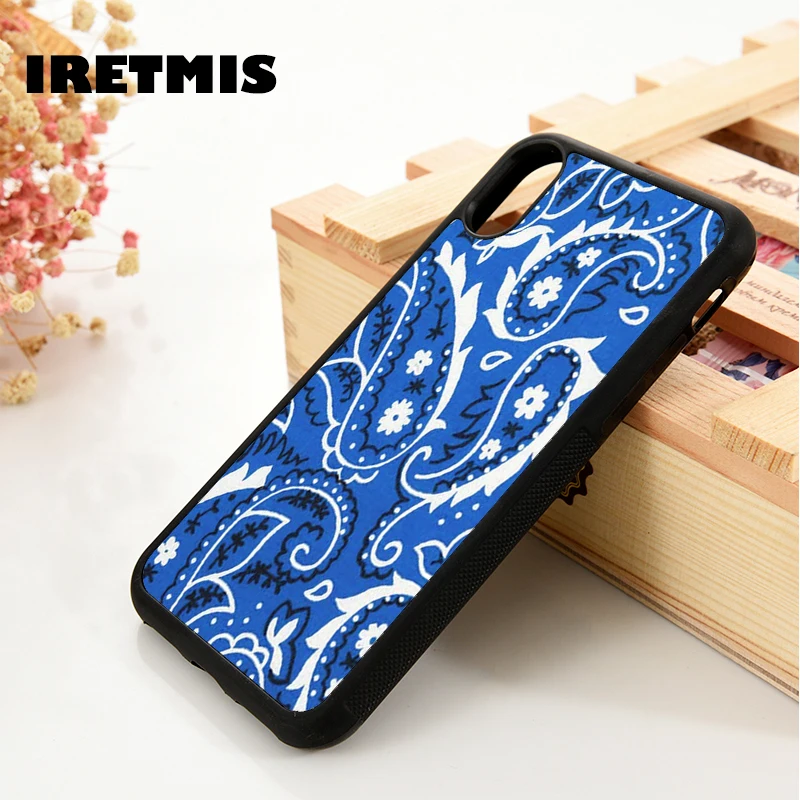 Iretmis 5 5S SE 2020 6 6S Silicone Rubber Phone Case Cover for iPhone 7 8 Plus X Xs 11 12 MINI Pro Max XR Blue Bandana Paisley