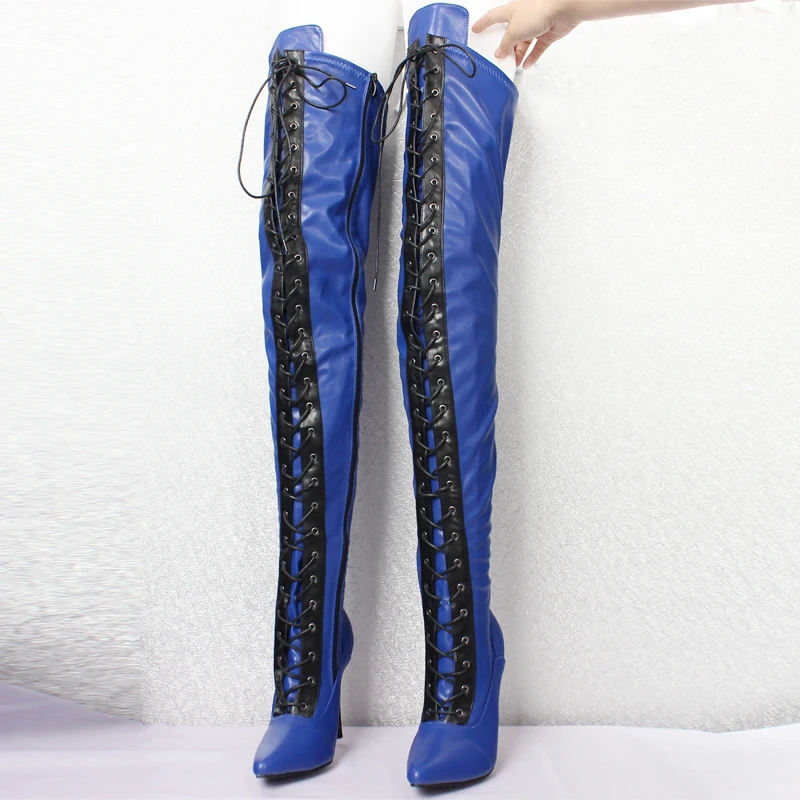 Women\'s Fashion Sexy Fetish Thin high Heels Patent Leather Pointed Toe Stiletto Lace-Up motorcycle over-the-knee Thigh boots