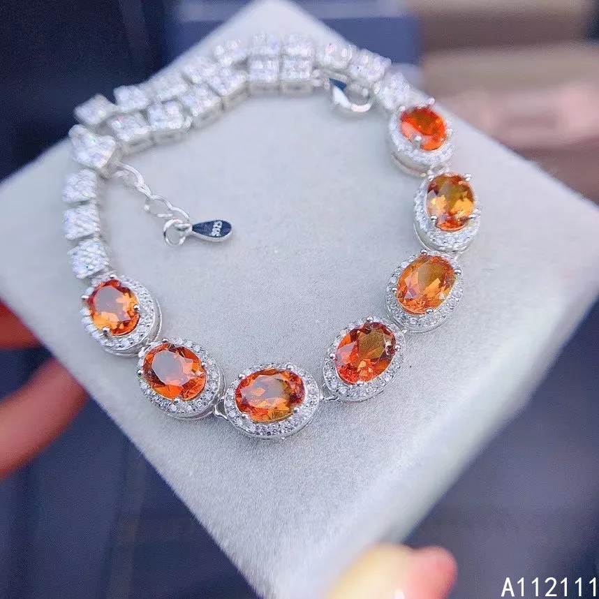 

Fine Jewelry 925 Sterling Silver Inset With Natural Gemstones Women's Luxury Exquisite Oval Orange Garnet Hand Bracelet Support