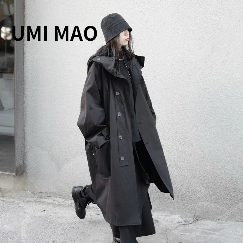 

UMI MAO Trench Coat Niche Japanese Dark Design Sense Yamamoto Hooded Windbreaker Jacket Mid-length Loose Female Coat Y2K