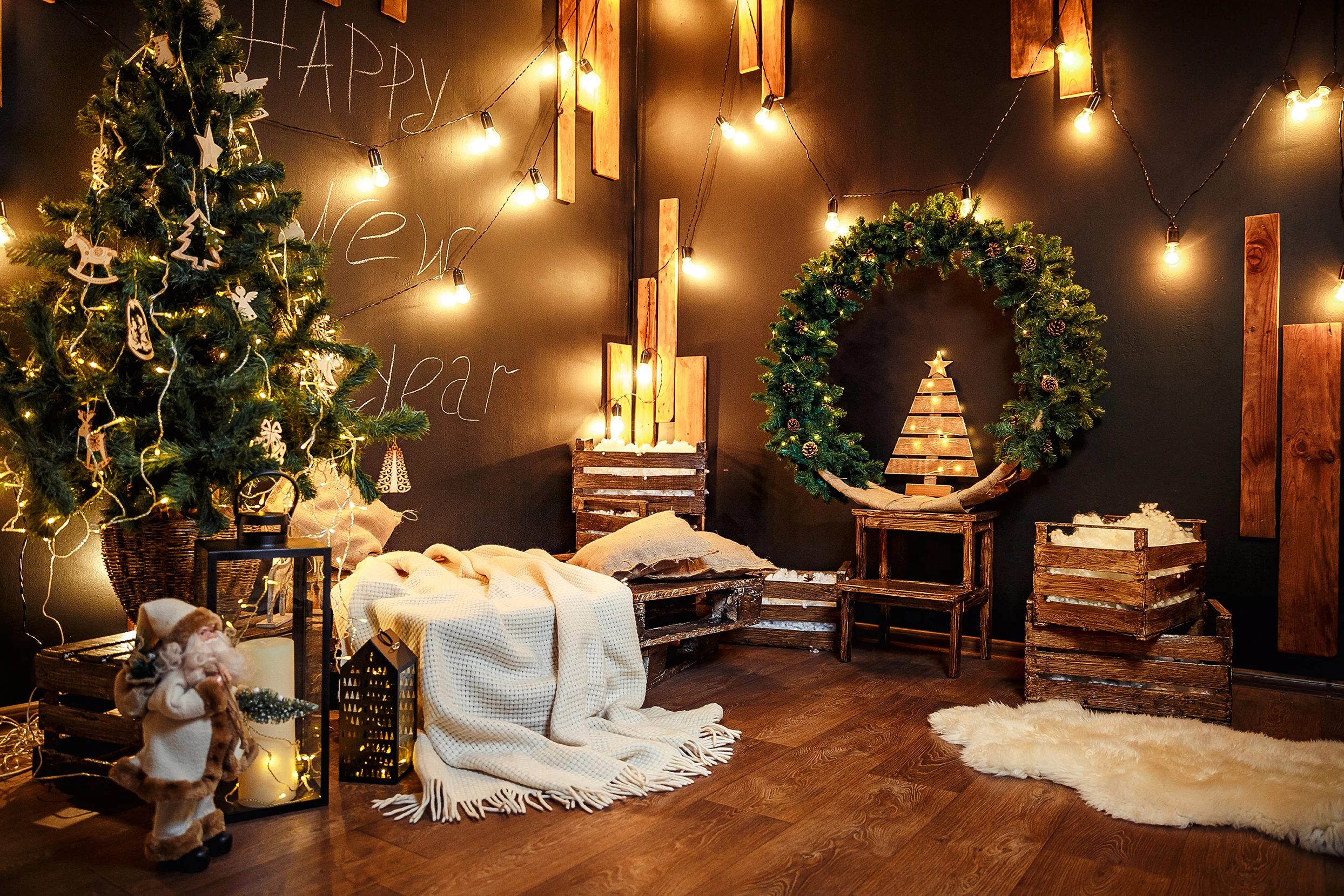 Capisco Christmas Backdrop Photography Star Tree Bulb Light Wood Floor Carpet Baby Party Photo Background Photocall Studio Props image 2