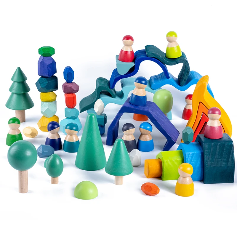 Baby Wooden Toys Elemental Rainbow Stacking Blocks Tree Building Blocks Car Stone Volcano Coral Sea Wave Montessori Toy For Gift