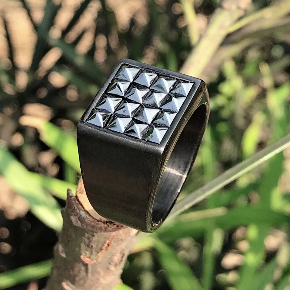 Men\'s Ring Rock Punk Smooth 316L Stainless Steel Black Square Zircon Stone Gold Silver Color Hip Hop Rings For Men Party Jewelry