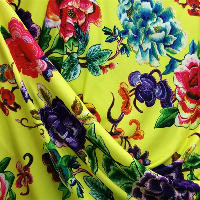 Good,Yellow,4 Ways Stretch,Milk Silk Knit Cotton/Spandex Fabric,Peony Flower Print Fabric,Diy Sewing Women Dress/T-Shirt/Pants