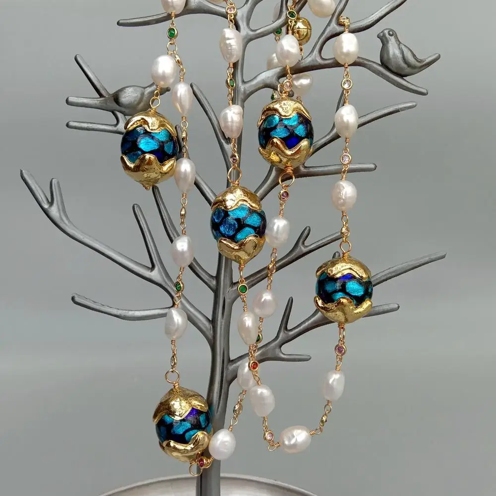 Y.YING Cultured White Baroque Pearl Blue Murano Glass Rosary Chain Long Necklace Lady Jewelry 33\