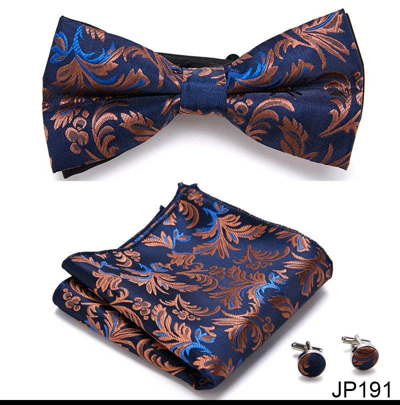 Great Quality Silver Office Butterfly Hanky Cufflink Set Bowtie For Men Geometric Hombre Formal Clothing