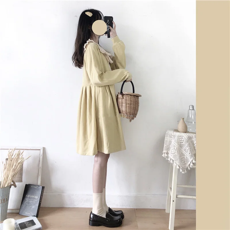 Vestido Casual Lolita Kawaii para mujer, vestido de punto amarillo de manga larga, cuello Peter Pan, corbata de lazo, lindo japonés, niñas adolescentes, Invierno