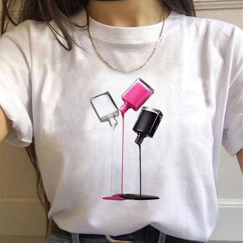 2025 Summer Women T-Shirt Nail Polish Printed Tshirts Femme Casual Tops Tee Harajuku 90s Vintage White Tshirt Female Clothing