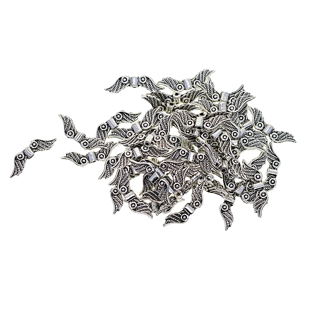 100 Pieces Wholesale 23x7mm Small Antique Silver color Tone Angel Wing Charm Beads Spacer Beads 1.5mm DIY Jewelry Findings