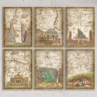 Tolkien Middle Earth Retro Travel Map Wall Art Canvas Painting Prints Fantasy Literature Movie Poster Wall Pictures Home Decor