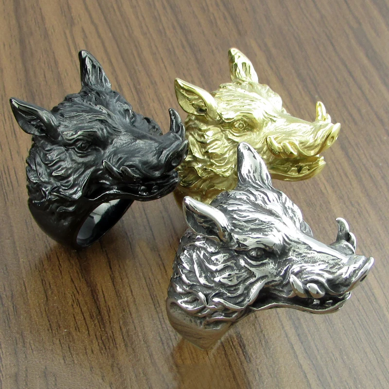 Punk Silver Color Black  Golden Plated 316L Stainless Steel Hop Men's Wild Boar Head Ring Animal Jewelry