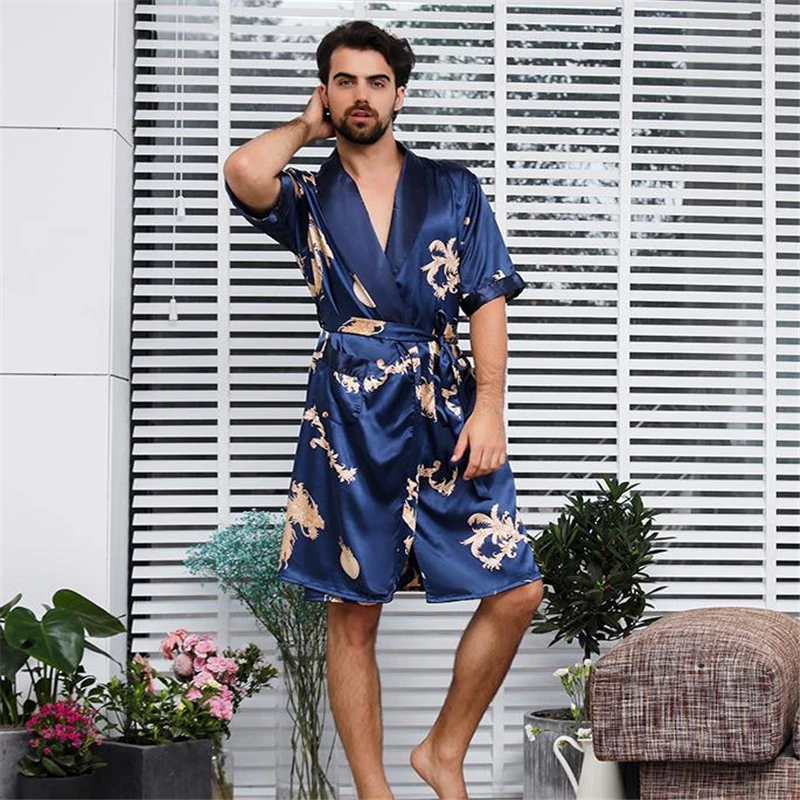 Vestido masculino, efeito de dragão em seda, extra grande, 5xl, cetim, robe para homens, kimono