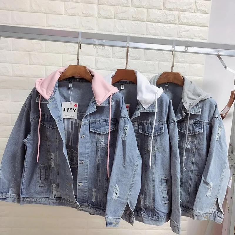 

Denim Jacket Women Korean Fashion Loose Spring Autumn Ripped Frayed Jean Coat Back Embroidery Plus Size Streetwear Outerwear Top