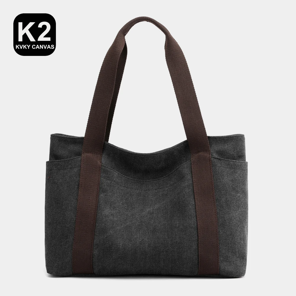 KVKY Simple Canvas Tote Bag for Women Black Recyclable and Durable Work Women Bags Convenient Women Lady Fashion Canvas Handbags