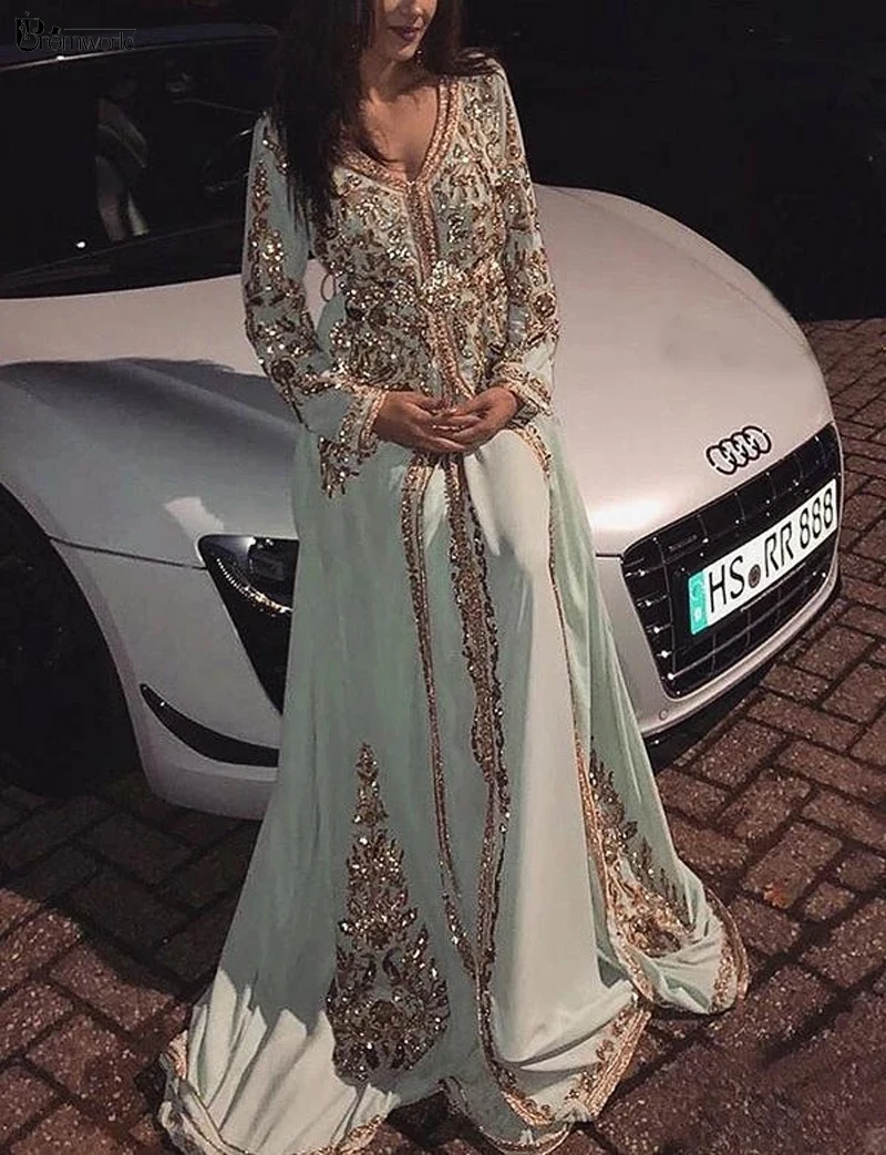 Robe De Soiree De Mariage Lange Mouwen Moslim Avondjurk 2022 Mint Dubai Arabisch Prom Jassen Gouden Borduurwerk Formele Jurken