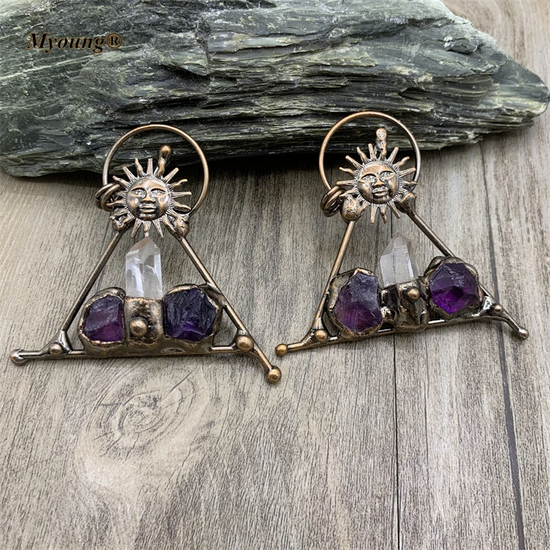 10PCS Large Soldered Triangle Shape Amethysts Crystal Quartz Point Vintage Sun Pendant Bohemia Necklace Jewelry MY210836