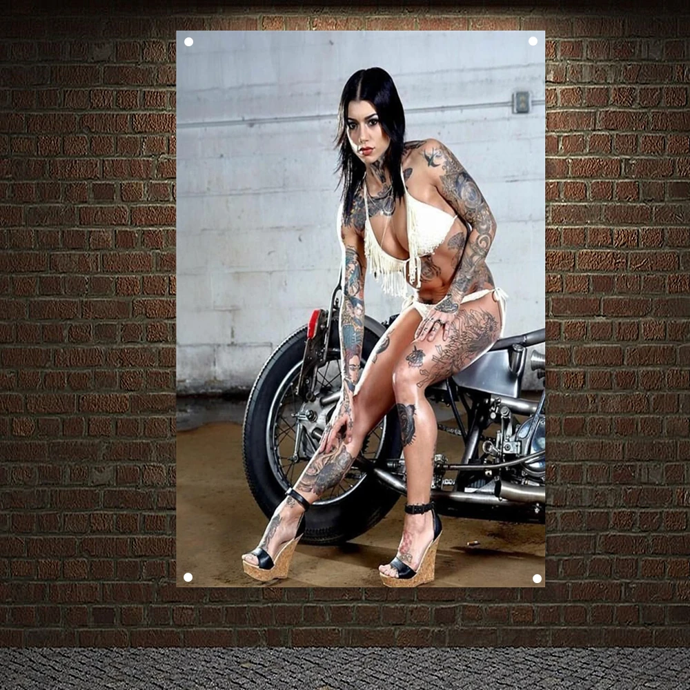 American Locomotive Banner Wall Art Sexy Female Tattoo Model Poster Canvas Painting Wall Hanging Motorcycle Flag Home Decor