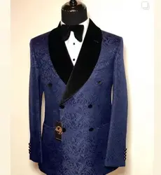 Costume Homme Navy Blue Floral Blazer Men Suits Black Velvet Lapel Double Breasted Prom Wedding Tuxedo Groom Terno Masculino