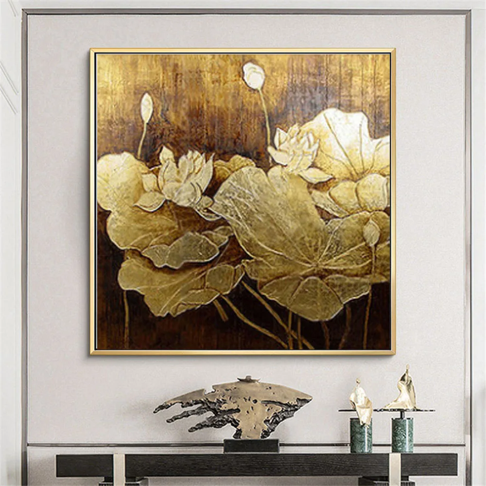 

100% Hand-Painted Oil Paintings Plant Flower Lotus Retro Texture Canvas Painting For Home Living Room Decor Wall Art Retro Mural