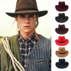 Men Women Woolen Western Cowboy Hats Wide Brim Panama Caps Outdoor Sombrero Travel Fedora Sunbonnet Party Adjustable Size M-L