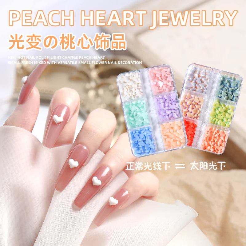 

6 Grid 3D Heart Love Nails Decoration Milky White Blue Resin Colors Change Design Elegant Flatback Charms Accessories Manicure