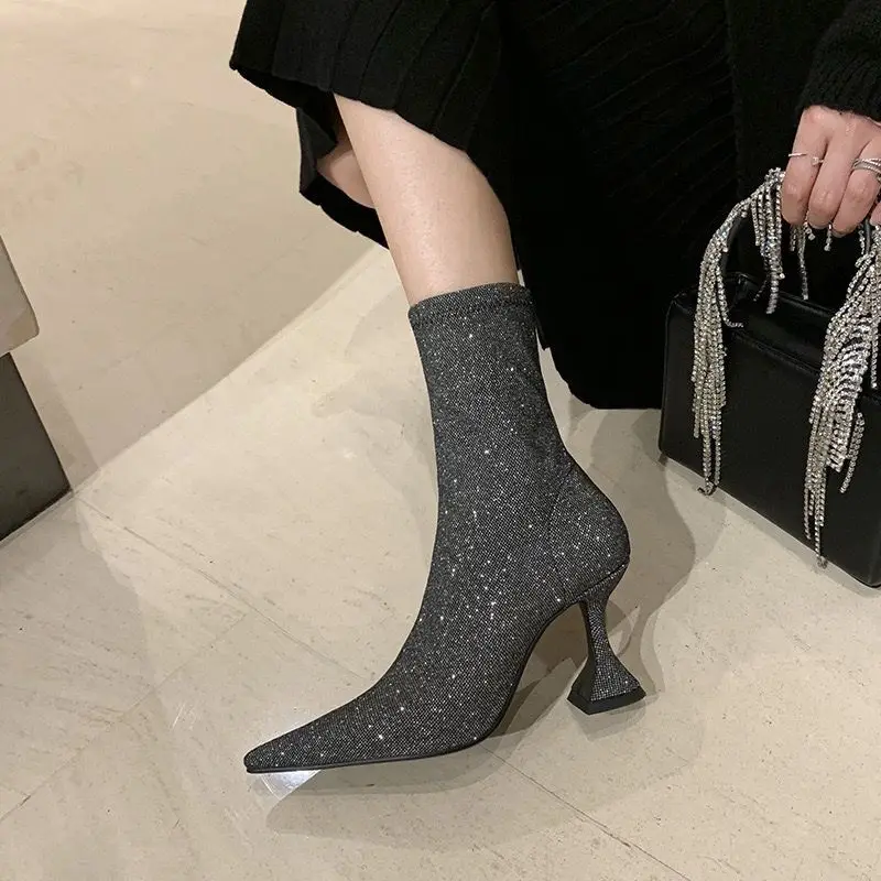 

Botas Strange High Heels Stretch Ankle Boots For Women Glitter Pointed Toe Sock Fashion Booties Female Autumn Winter Stiletto