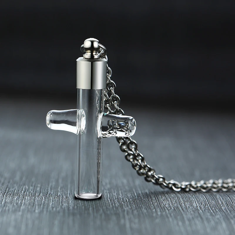 2PCS Cross Hourglass Urns Men Necklace Cremation Pendant Vial Glass Ash Holder Memorial Jewelry