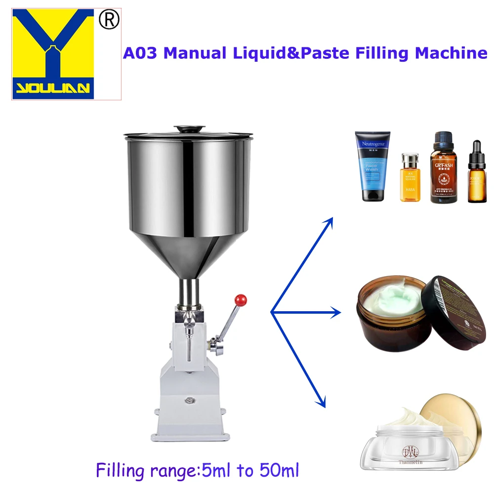 Máquina de llenado Manual A03, para jabón líquido, crema, aceite, relleno de grado alimenticio, 5-50ml, envío por aire