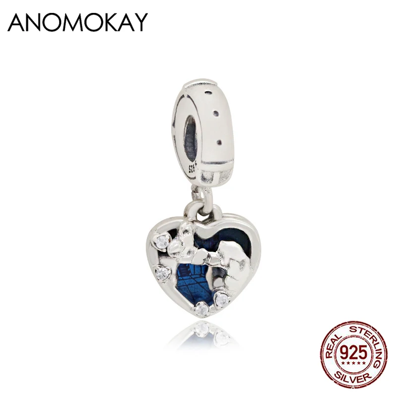 Anomokay Lovely Animal Kiss Together Heart 925 Silver Charms Dark Blue Enamel Love Beads Pendant for DIY Jewelry Making