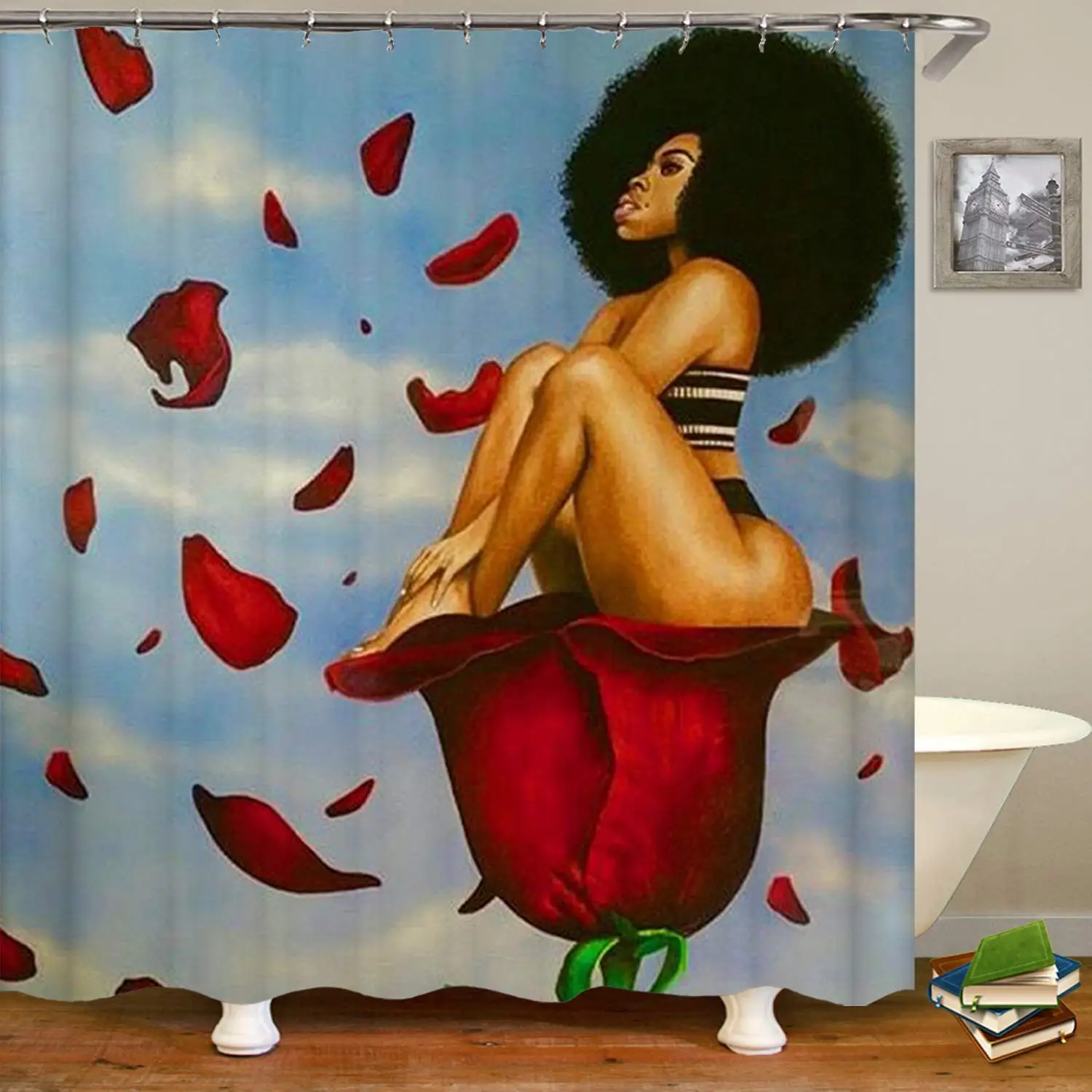 

Black Art African American Women On Red Rose Shower Curtain Bathroom Decorations
