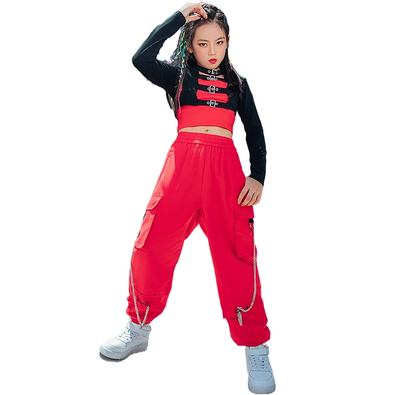 Moderne Jazz Dansvoorstelling Kostuum Hip Hop Kids Kleding Meisjes Crop Tops Rood Cargo Broek Catwalk Tij Street Dance Wear BL7091