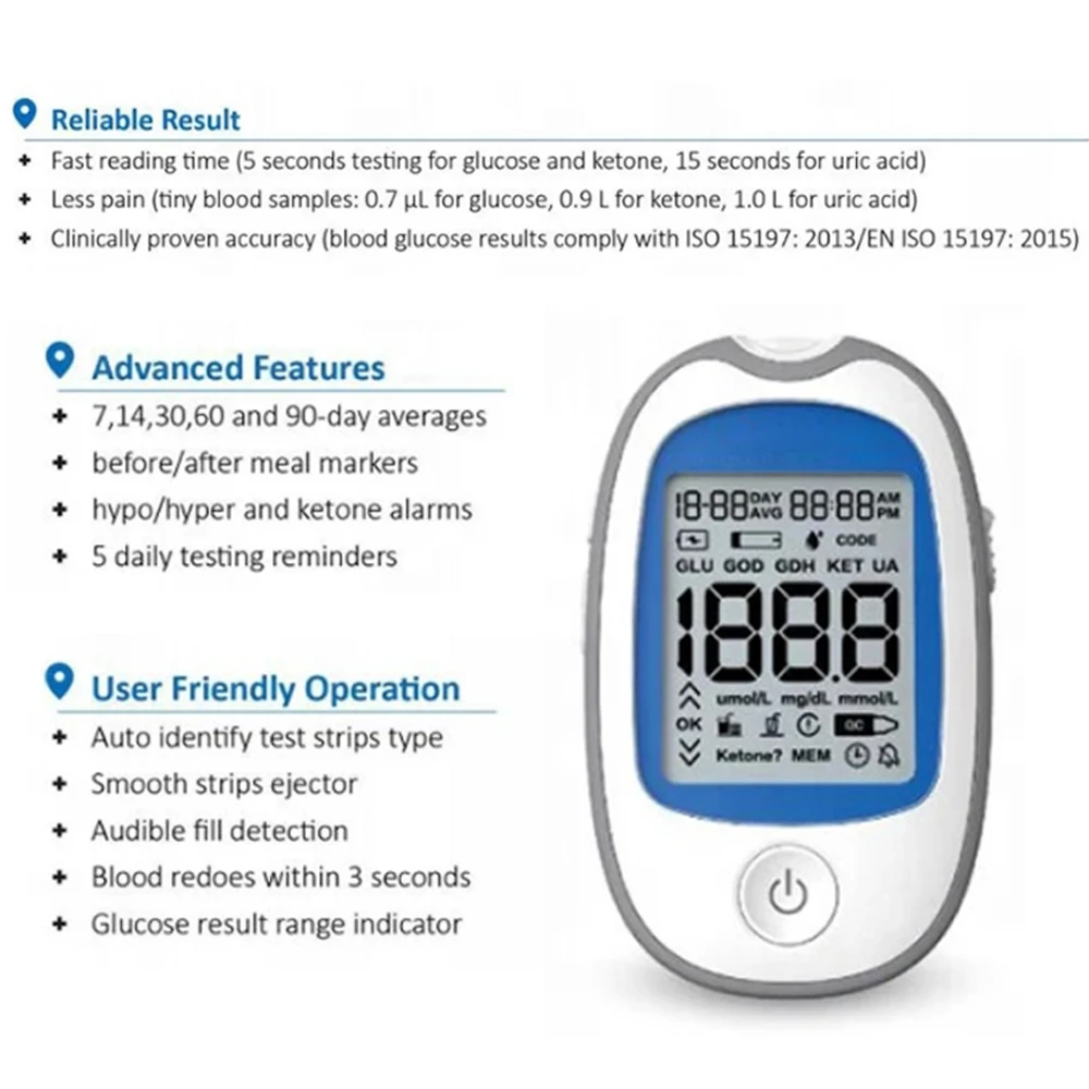 Fast 4 in1 Home Medical Multifunction Blood Glucose Meter GOD&GDH and Blood Ketone Glucometer&Uric Acid Diabetes gout Tester kit