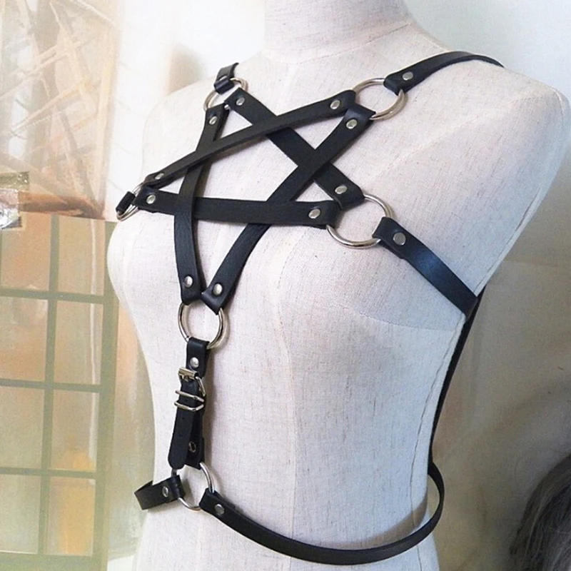 Woman Pentagram Punk Style PU Leather  Belts Sexy Lingerie Body Bondage Caged Bralette Gothic Bra Garters 5 Styles