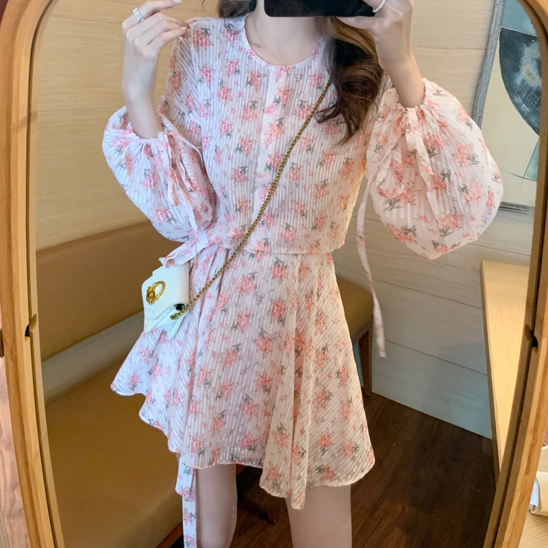 

Skirts Women's Autumn New Pink Round Neck Lantern Sleeve Printed Cardigan Chiffon Shirt Female Half-length Dress Two-piece Suit