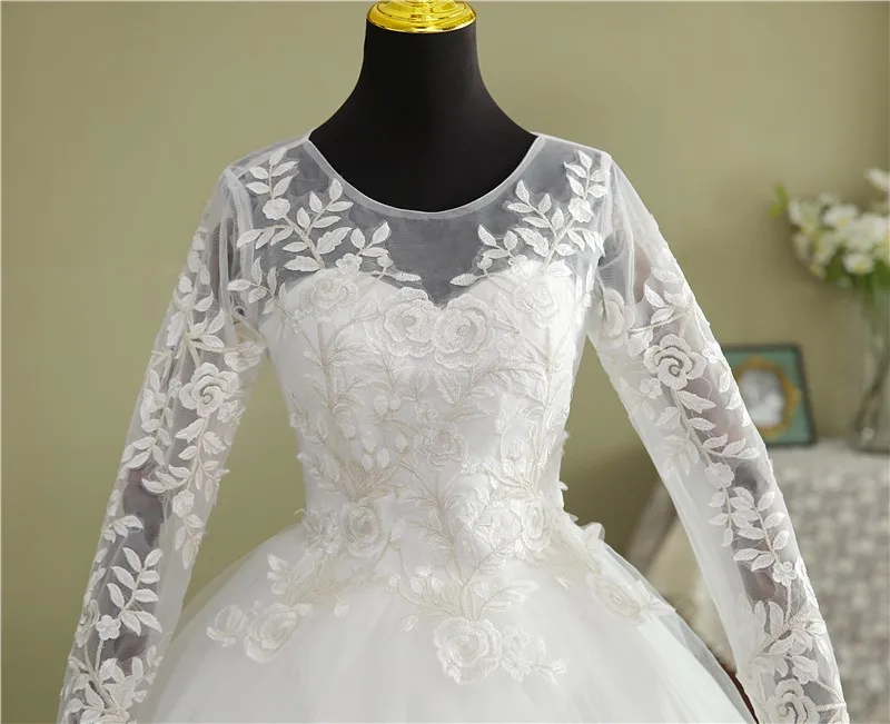 VLNUO NISA Real Video nuovo coreano Plus Size abito da sposa manica lunga Appliques di pizzo lungo abito Noiva o-collo cina all'ingrosso a buon mercato