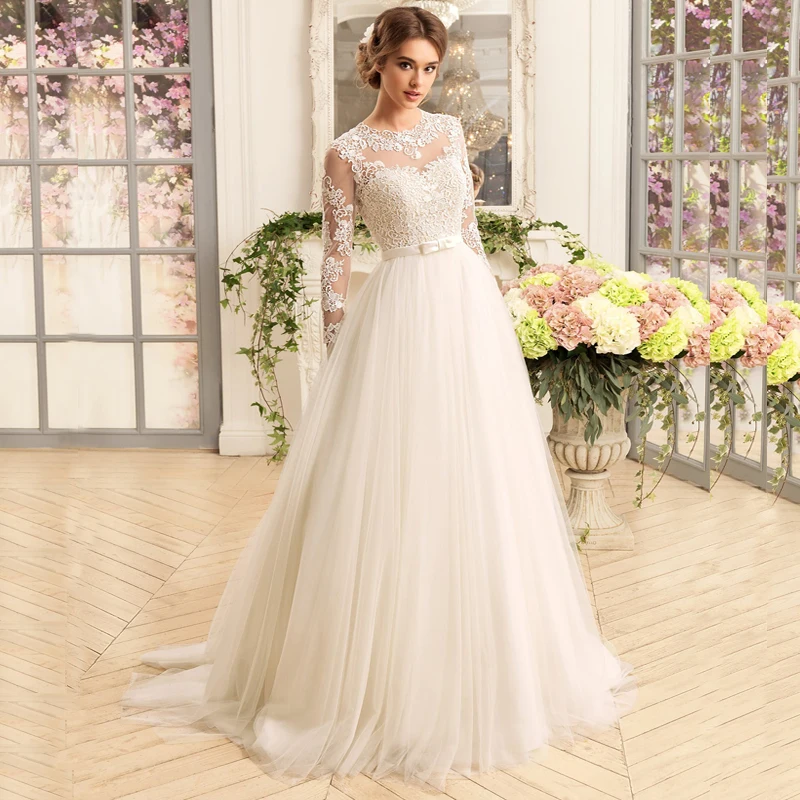 Lindo vestidos de casamento de manga comprida, O-Neck Lace, A-line Soft Tulle, Vestido De Noiva De Ilusão, Vestido Applique