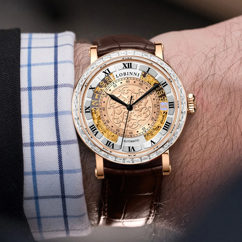 LOBINNI Orologio meccanico da uomo di marca di lusso Calendario Orologio da polso maschile impermeabile Cinturino in pelle Orologio automatico in vetro zaffiro