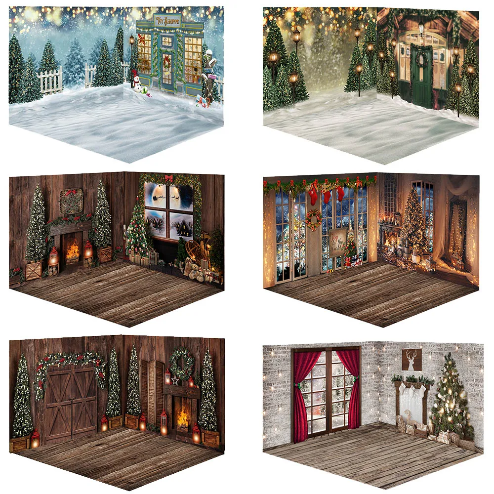 Window Fireplace Christmas Rooms Photography Backdrop Snow ChristmasTrees Background Winter Children Adult Portrait Photo Shoot