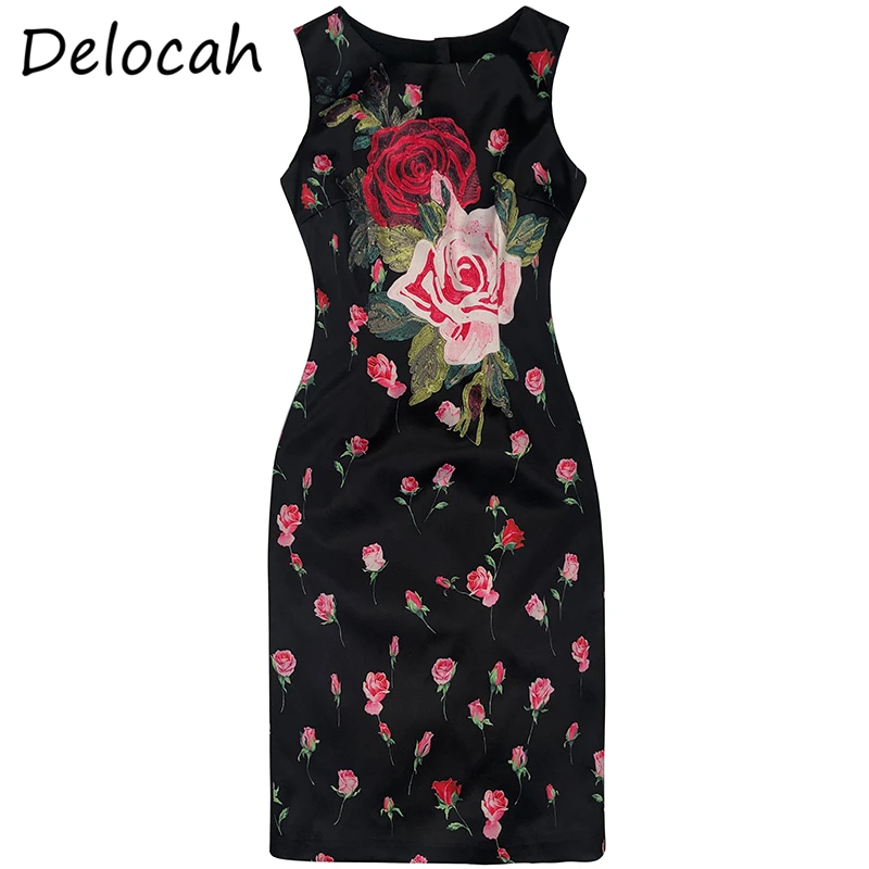 Delocah Women Summer Fashion Fashion Designer Party Short Dress Sleeveless Rose Floral Printed Bodycon Ladies Pencil Dresses