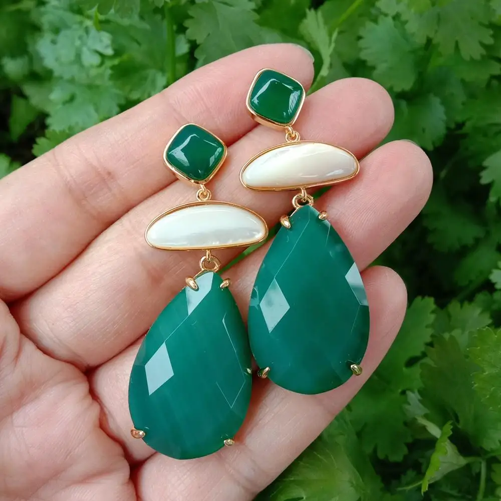KKGEM White Shell Mother Of Pearl 20x30mm  Green Agate Square pear Shape gold plated stud Earrings